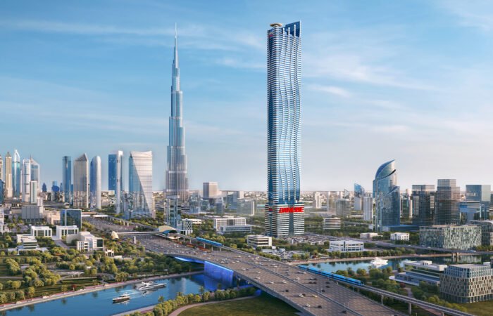 Modern Dubai skyline with supertall glass skyscraper near Burj Khalifa, overlooking highways, waterways and developments