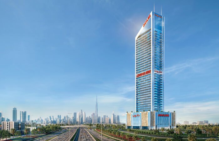 Danube high rise tower with glass facade overlooking Dubai skyline views, premium residences and modern urban surroundings