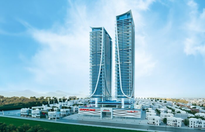 Luxury residential building exterior in Dubai featuring modern architecture, premium balconies, and upscale real estate design
