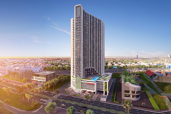 Luxury high-rise residential tower with modern architecture, landscaped podium, prime location and stunning city skyline views