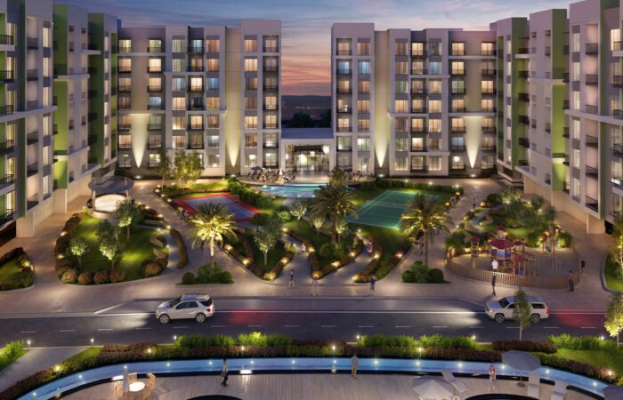 Modern apartment exterior in Dubai highlighting contemporary design, glass balconies, and premium residential real estate