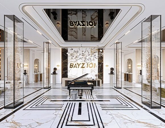 Elegant Bayz 101 luxury lobby interior with grand piano, marble flooring, artistic lighting and premium residential design