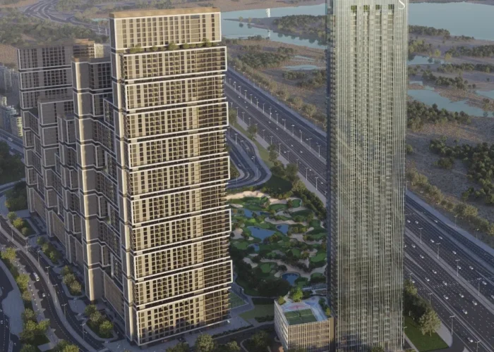 Luxury high-rise residential towers with modern design, landscaped podium gardens, highway connectivity and urban surroundings