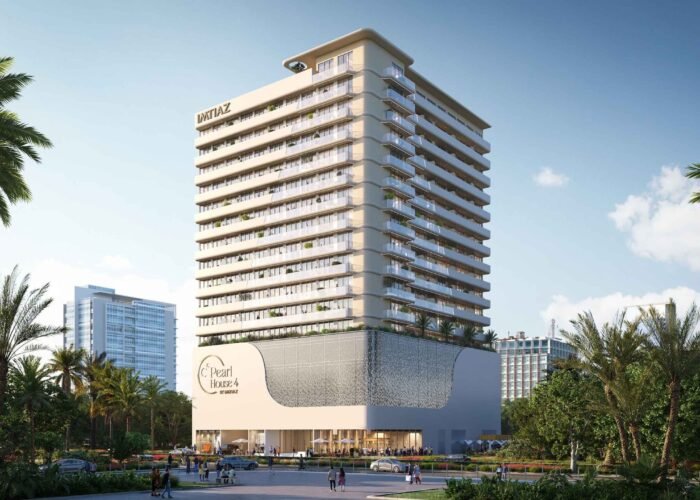 Imtiaz luxury residential tower with contemporary balconies, palm trees, branded podium and premium urban living environment