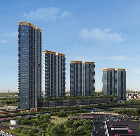 Modern high-rise residential towers with glass facades, landscaped podium, road connectivity and urban skyline surroundings