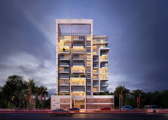 Modern luxury residential building at dusk with illuminated balconies, elegant facade, palm trees and urban street view