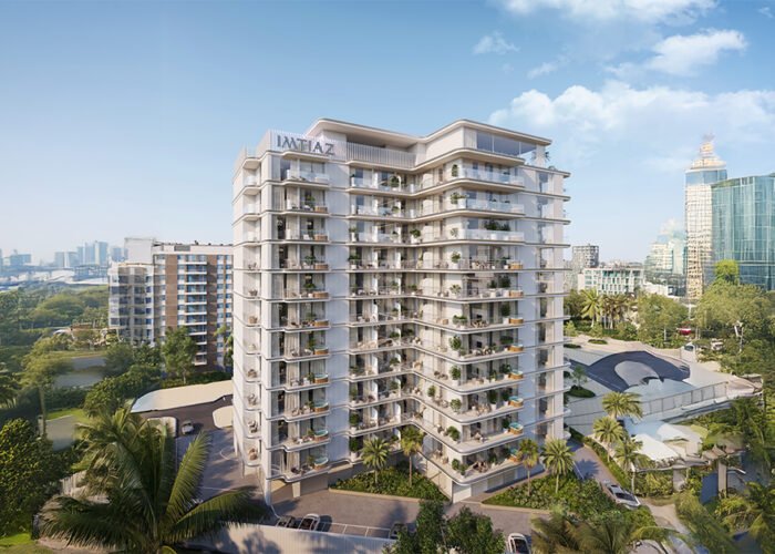 Imtiaz luxury residential apartments with modern balconies, landscaped surroundings, palm trees and urban city views
