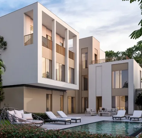 Modern luxury villa with private pool, spacious patio, contemporary architecture and landscaped outdoor living area