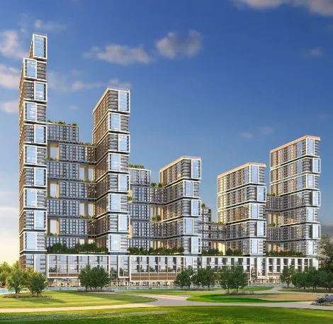 Modern luxury residential towers with stepped architecture, glass facades, green terraces and landscaped community surroundings