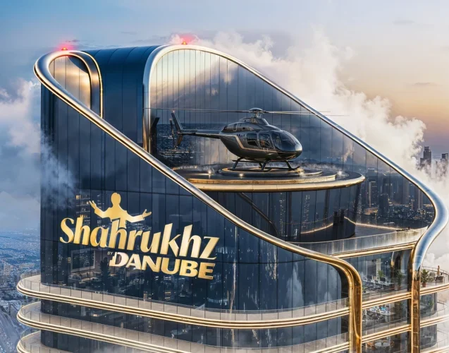 Shahrukh Khan Danube luxury tower with rooftop helipad, iconic curved glass design and premium high rise skyline views