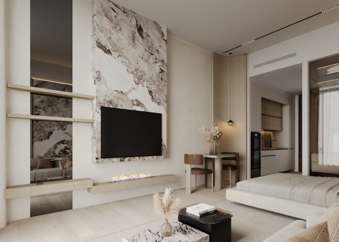 Modern luxury apartment interior with marble accent wall, sleek TV unit, cozy seating and minimalist contemporary decor style