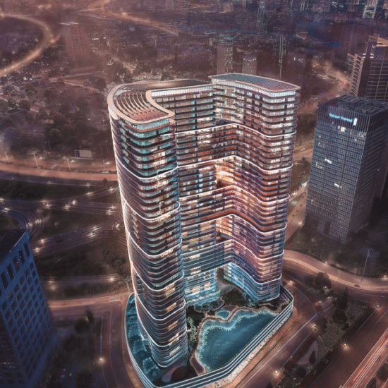 Luxury high-rise residential tower with curved architecture, illuminated balconies, rooftop amenities and Dubai city night view