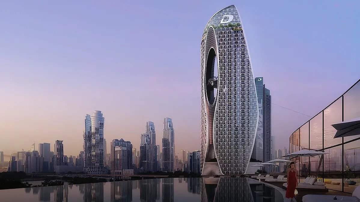 Iconic oval luxury tower by waterfront with futuristic design, glass facade, skyline reflections and premium urban living