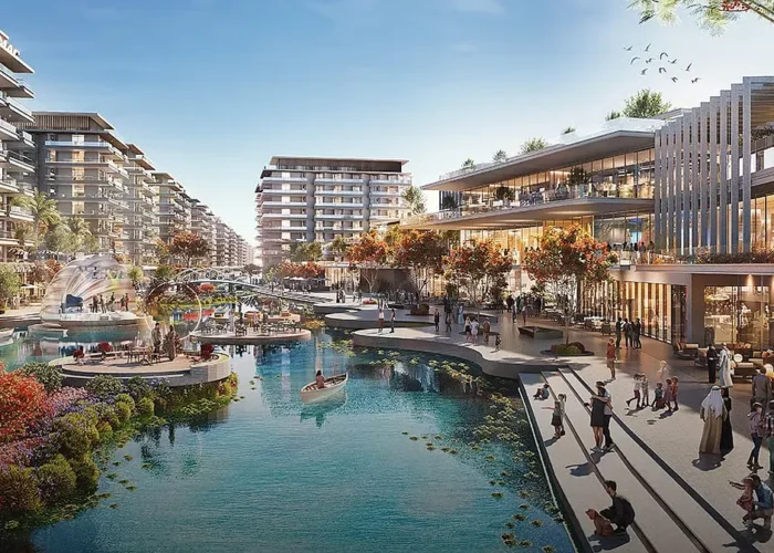 Luxury waterfront community with modern residences, retail promenade, landscaped walkways, water features and leisure spaces