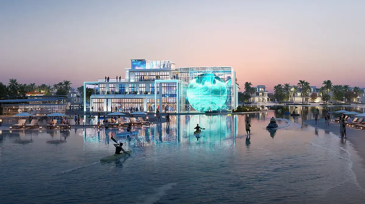 Luxury waterfront clubhouse with modern glass design, lagoon activities, leisure spaces and premium lifestyle views scene