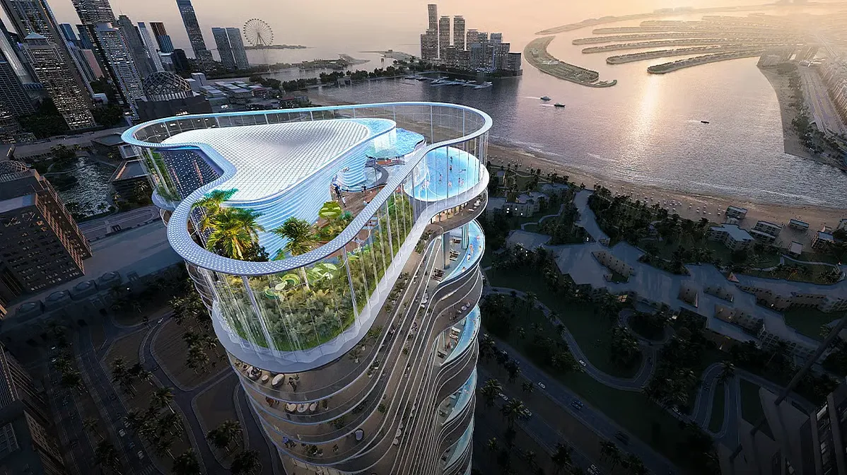 Luxury community with lagoon, sports courts, football field, landscaped greenery and waterfront villas views Dubai lifestyle