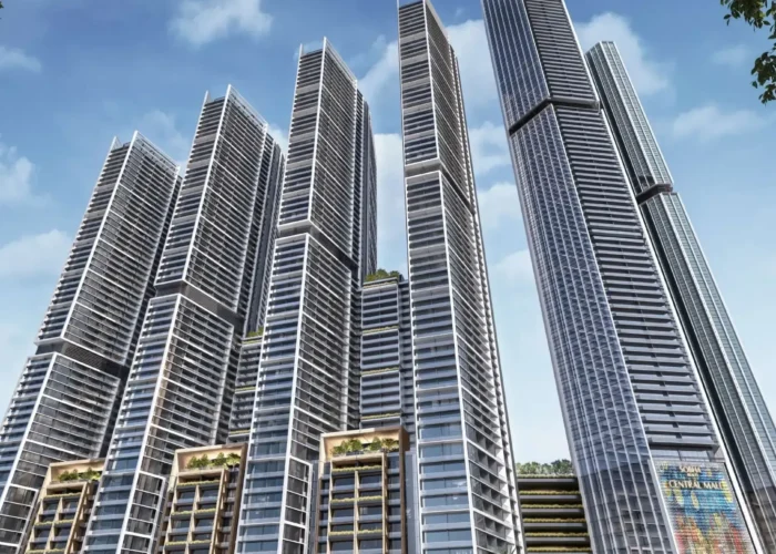 Modern luxury high-rise towers with glass facades, premium residential apartments, landscaped podiums and urban skyline view