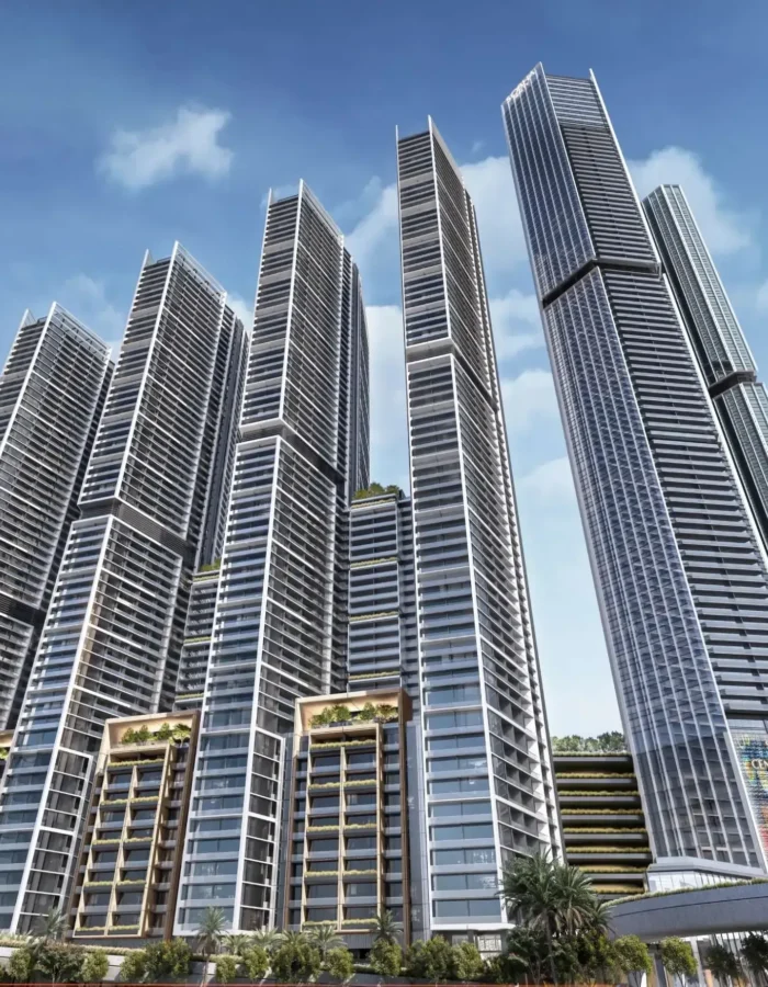 Modern luxury high-rise towers with glass facades, premium residential apartments, landscaped podiums and urban skyline view