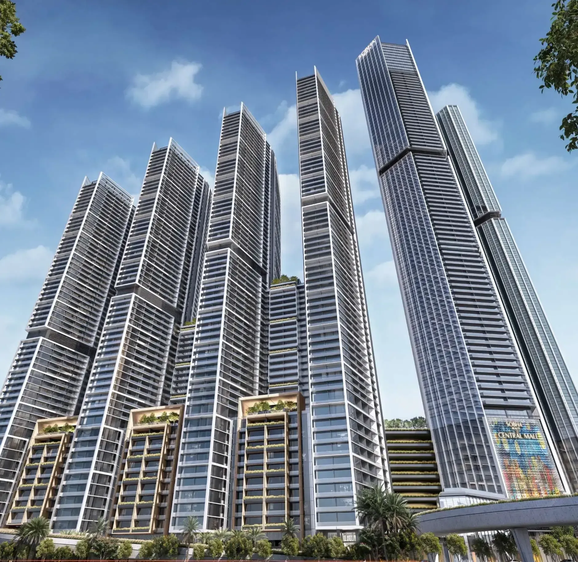 Modern luxury high-rise towers with glass facades, premium residential apartments, landscaped podiums and urban skyline view