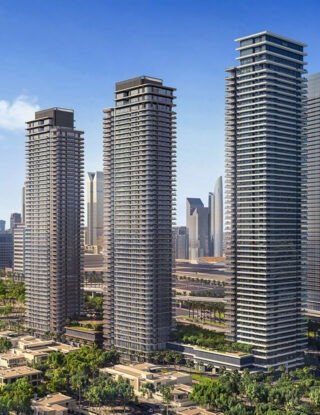 Luxury residential towers with modern design, landscaped green podiums, premium apartments and city skyline surroundings