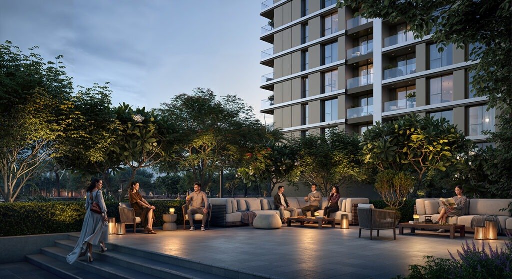 Residents relaxing in luxury outdoor lounge with modern seating, ambient lighting, landscaped gardens and apartment view