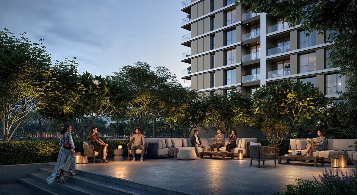 Residents relaxing in luxury outdoor lounge with modern seating, ambient lighting, landscaped gardens and apartment view