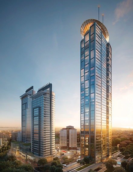 Luxury high-rise towers with glass facades at sunset, modern residential development and vibrant city skyline surroundings