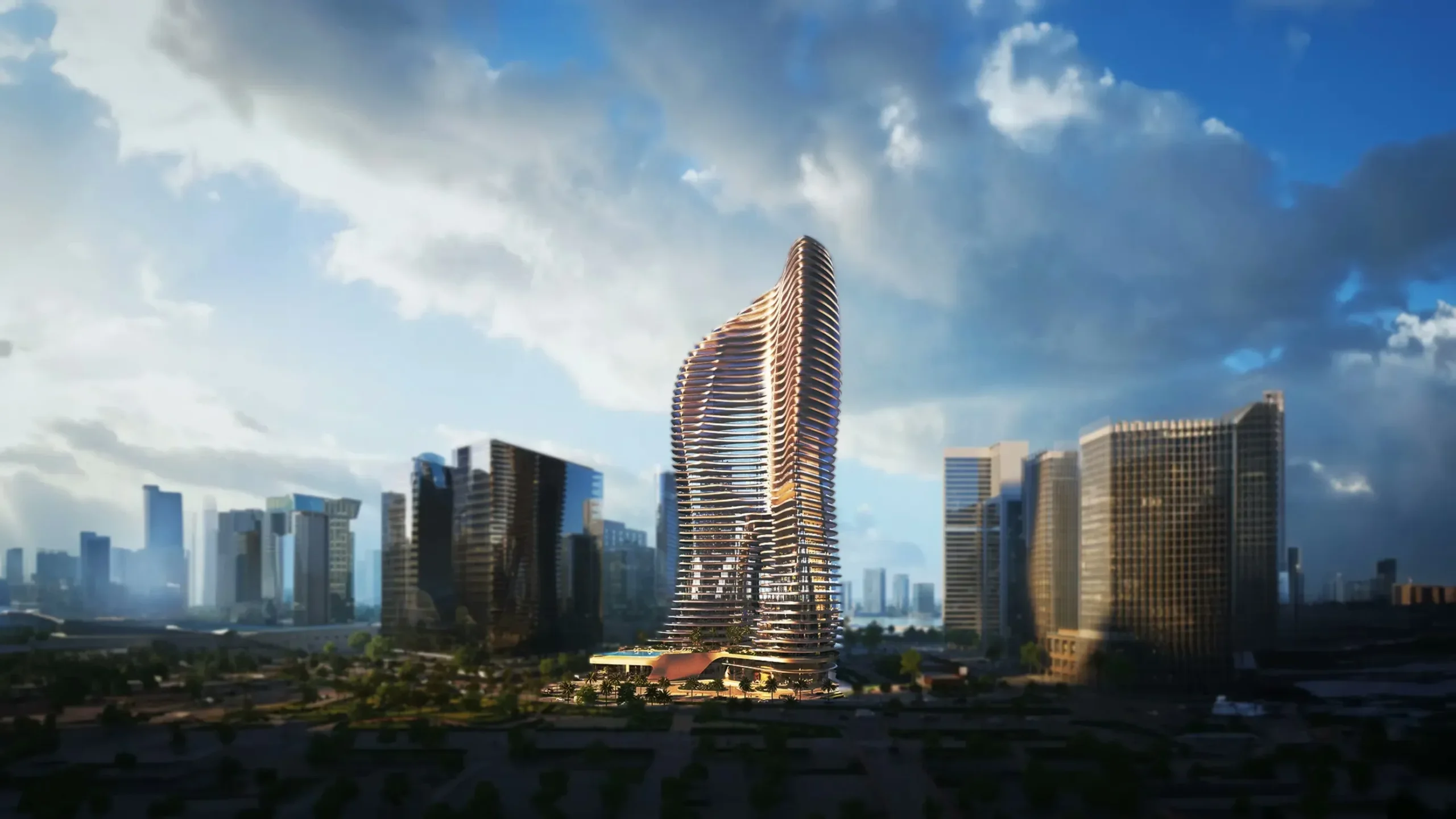 Iconic curved luxury tower with flowing balconies, modern glass facade and prominent city skyline backdrop views now