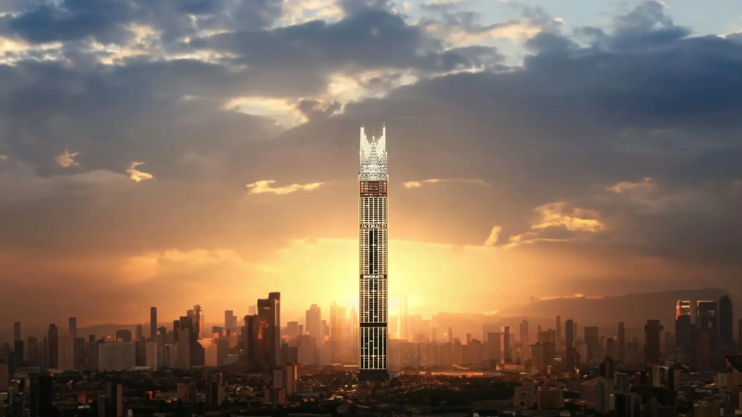 Iconic luxury skyscraper rising at sunset with glowing facade, dramatic clouds and expansive modern city skyline backdrop