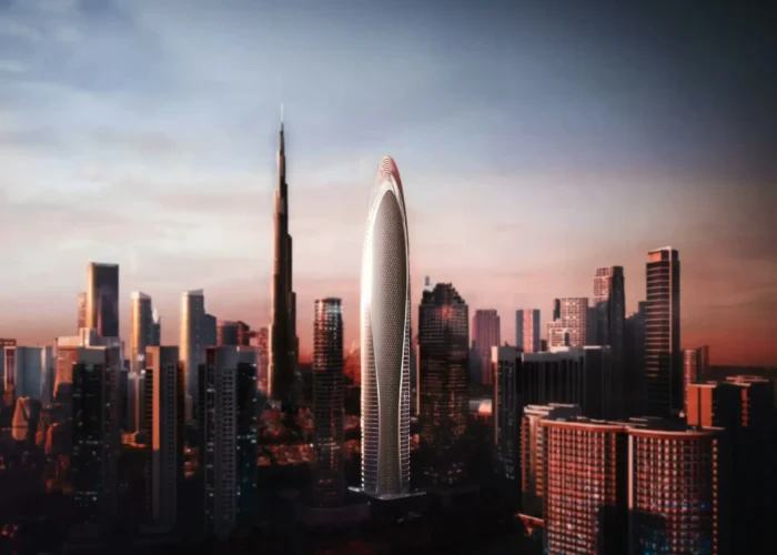 Iconic luxury skyscraper near Burj Khalifa at sunset with futuristic design, illuminated facade and Dubai city skyline view