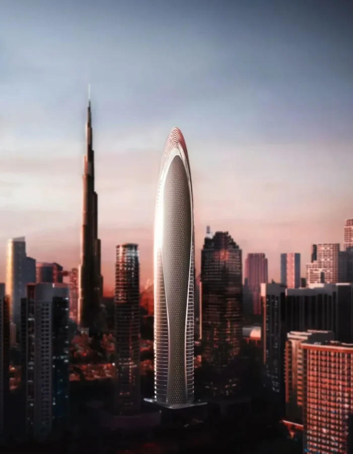 Iconic luxury skyscraper near Burj Khalifa at sunset with futuristic design, illuminated facade and Dubai city skyline view