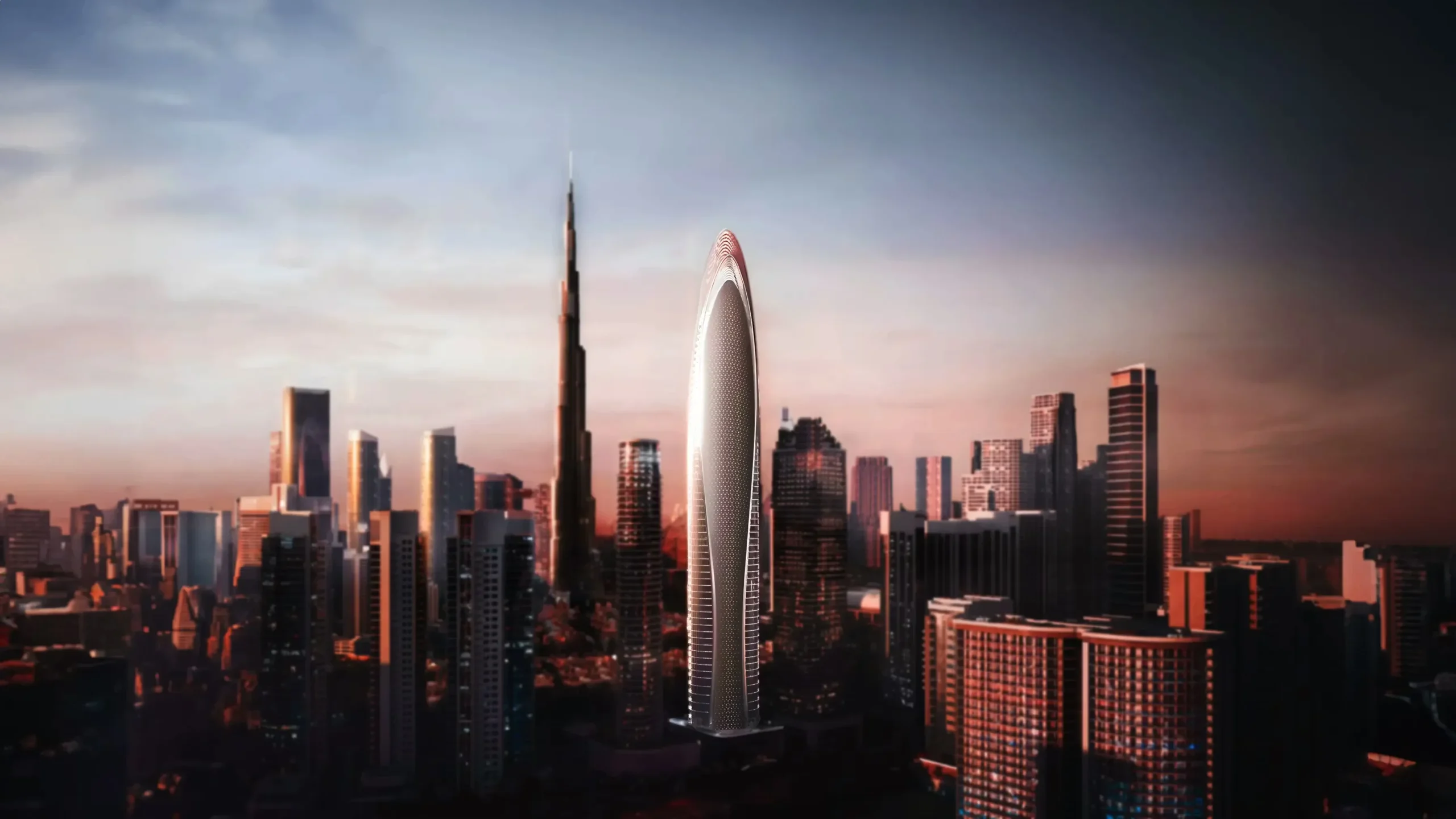 Iconic luxury skyscraper near Burj Khalifa at sunset with futuristic design, illuminated facade and Dubai city skyline view