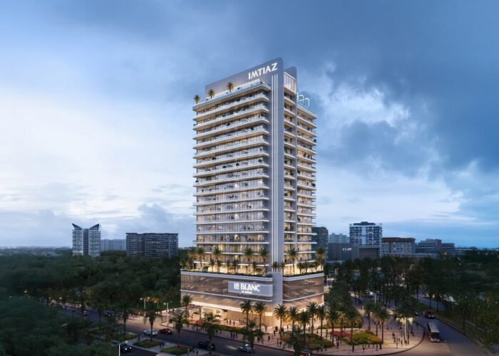 Imtiaz luxury residential tower with illuminated balconies, modern facade, landscaped streets and urban skyline surroundings