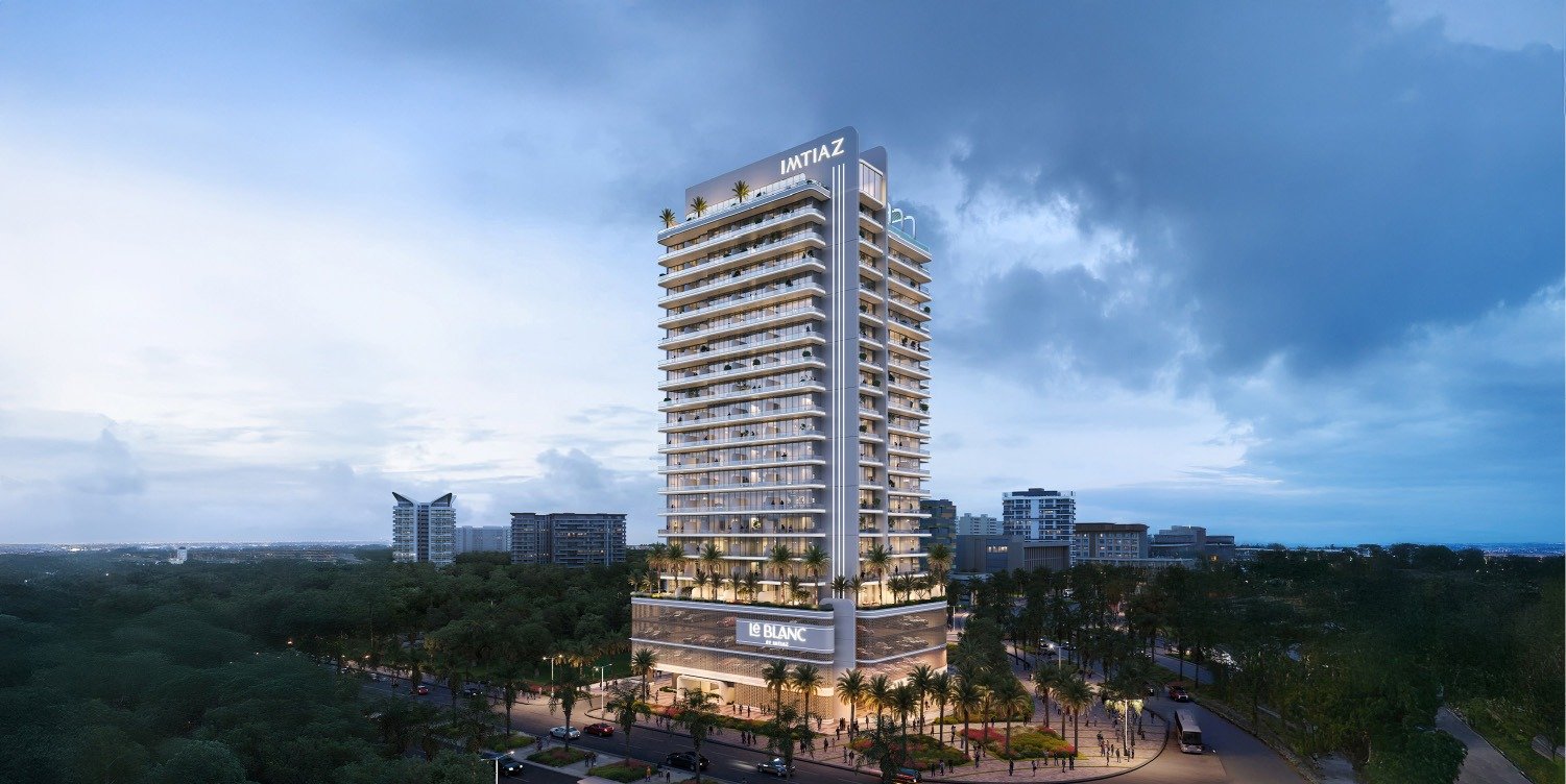 Imtiaz luxury residential tower with illuminated balconies, modern facade, landscaped streets and urban skyline surroundings