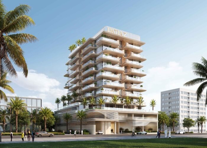 Luxury mid rise residential building with modern balconies, palm trees, premium apartments and urban lifestyle views city