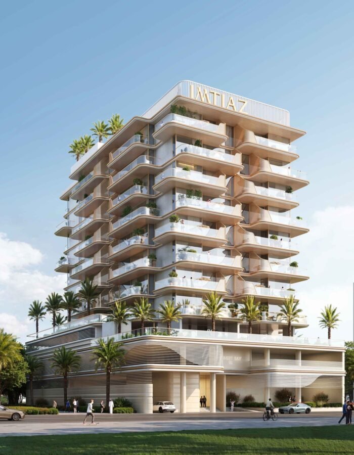Luxury mid rise residential building with modern balconies, palm trees, premium apartments and urban lifestyle views city