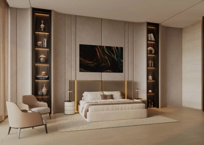 Luxury bedroom interior with elegant decor, soft lighting, upholstered bed, built in shelves and contemporary design style
